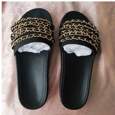 

BONJEAN Summer High Quality Leather Slippers Open Toe Chains Decorations Flat Casual Shoes Woman Outside Comfortable Slides