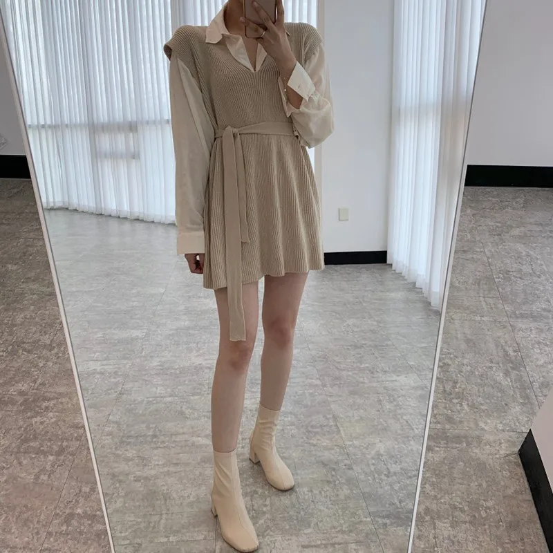 

Sweater Vests Women Chic Casual Fall Winter Loose Sash Tie Up Sleeveless Office Lady Sweaters Dresses Female Knitted Vest Dress