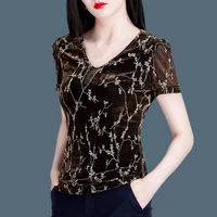 women summer style mesh blouses shirts lady casual short sleeve v neck slim leaf printed blusas tops df3736
