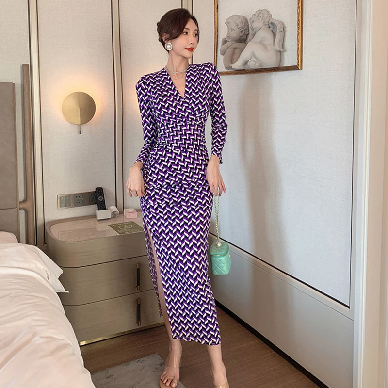 Женское винтажное платье с V-образным вырезом длинным рукавом и разрезом |