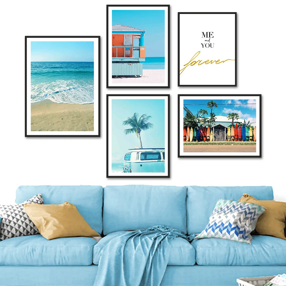 

Sea Van Sand Coconut Tree Surfboard Quote Wall Art Canvas Painting Nordic Posters And Prints Wall Pictures For Living Room Decor