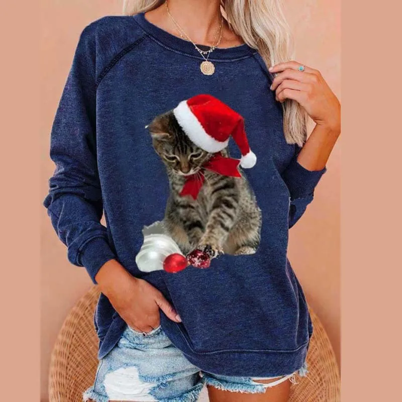 

Cute Cat Christmas Print Woman Tshirt O Neck Casual Long Sleeves Spring Autumn New Products Loose Vintage Christmas Ladies Tee