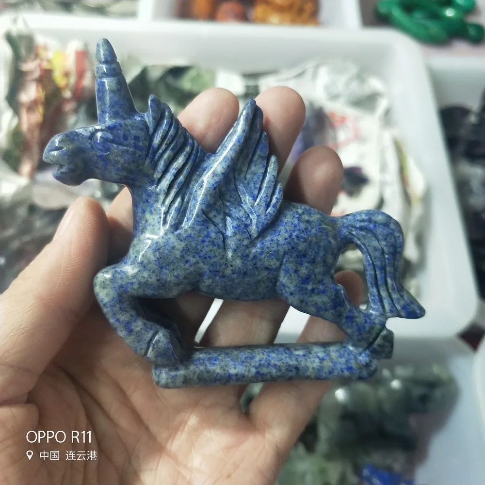 Резьба из натурального кристалла лазурит Лошадь Единорог животное тотем статуя