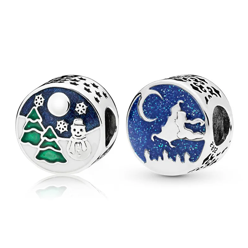 

925 Sterling Silver Sparkling Blue-Eyed Fox Green Christmas Tree Snowman Pendant Charm Bracelet DIY Jewelry Making For Women