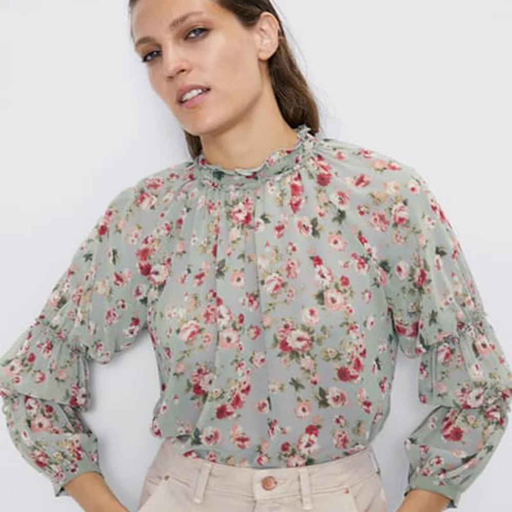 ZA 2019 синяя шифоновая рубашка с принтом модная женская одежда повседневная