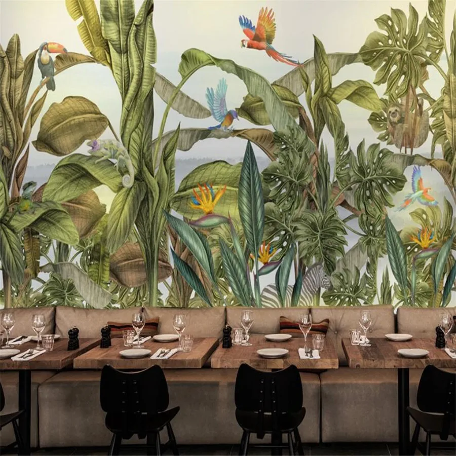 Настенные роскошные декорации с большими тропическими растениями, цветами и птицами в лесу животных, созданные на заказ в 3D.