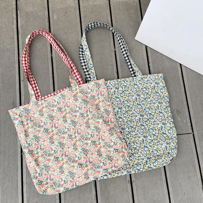 

Bubble cotton double-sided plaid floral shoulder bag Vintage Chic Big Capacity Tote Handbag Ladies Casual atmospheric bags