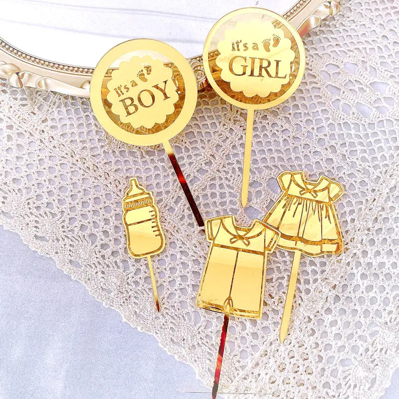 

Acrylic Laser Cut Happy Birthday Cake Topper Golden Baby Bottle Boy Girl Birthday Party Cake Toppers for Baby Shower Decoration