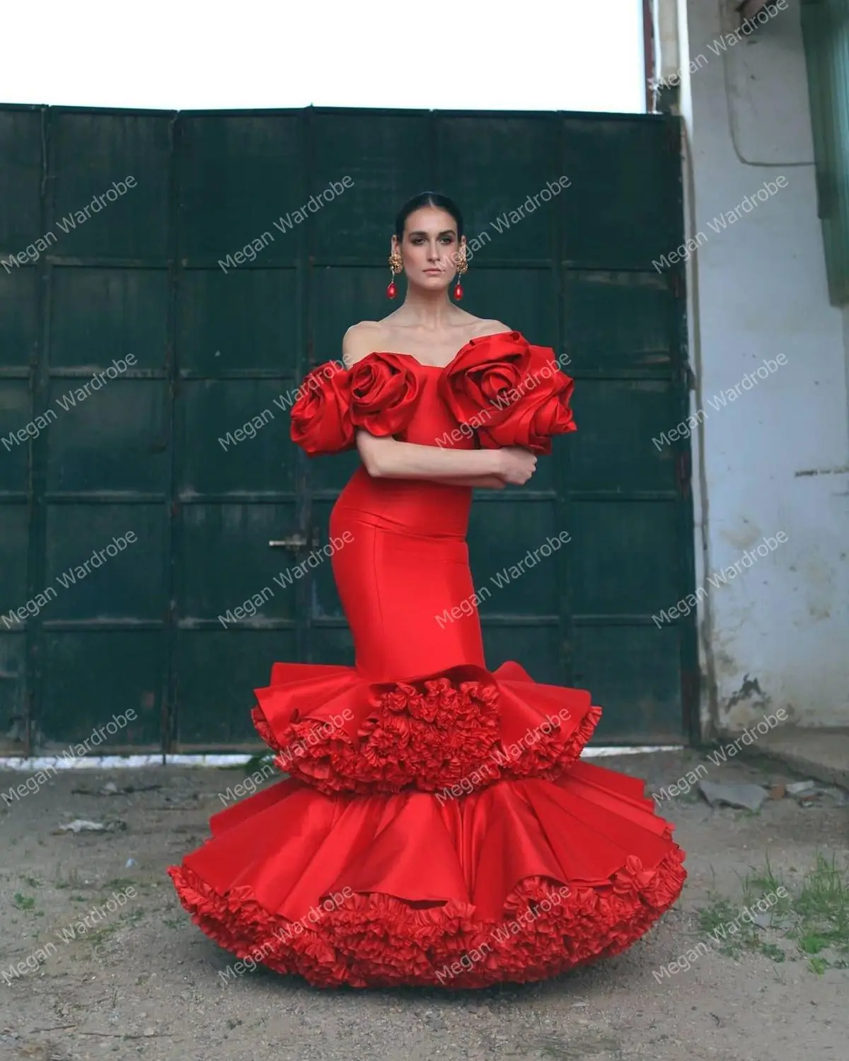 

Sexy Red Handmade Flower Dresses Women Mermaid Spanish Party Gown Strapless Cap Sleeves Ruffles Fluffy Long Maxi Gown
