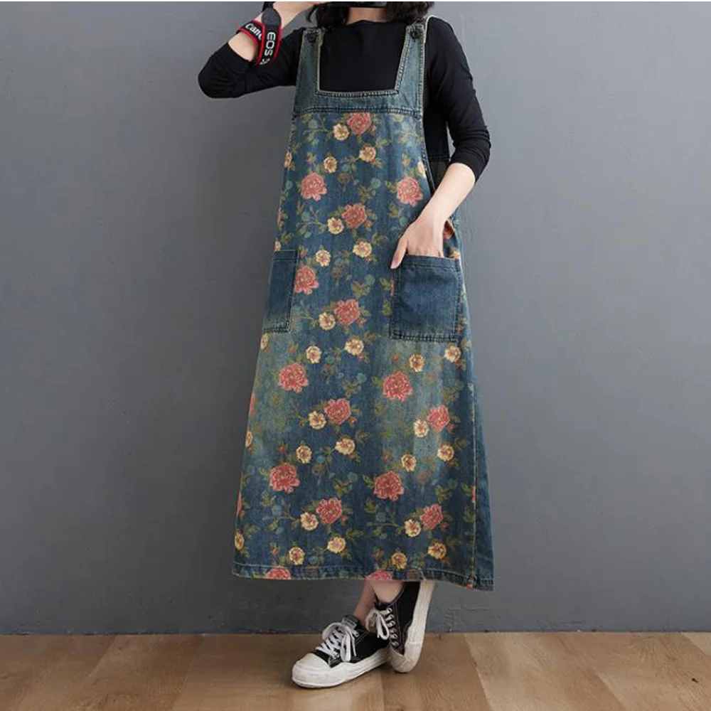 

2021 Women Denim Dresses Spring Summer Mid-Calf Casual Printed Strap Dress Overalls Pockets Bleached Jeans Vestidos Mujer