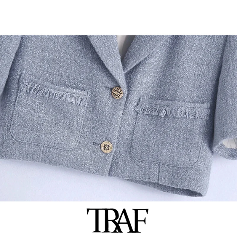 

TRAF Women Fashion With Frayed Trims Tweed Cropped Blazer Coat Vintage Short Sleeve Pockets Female Outerwear Chic Veste