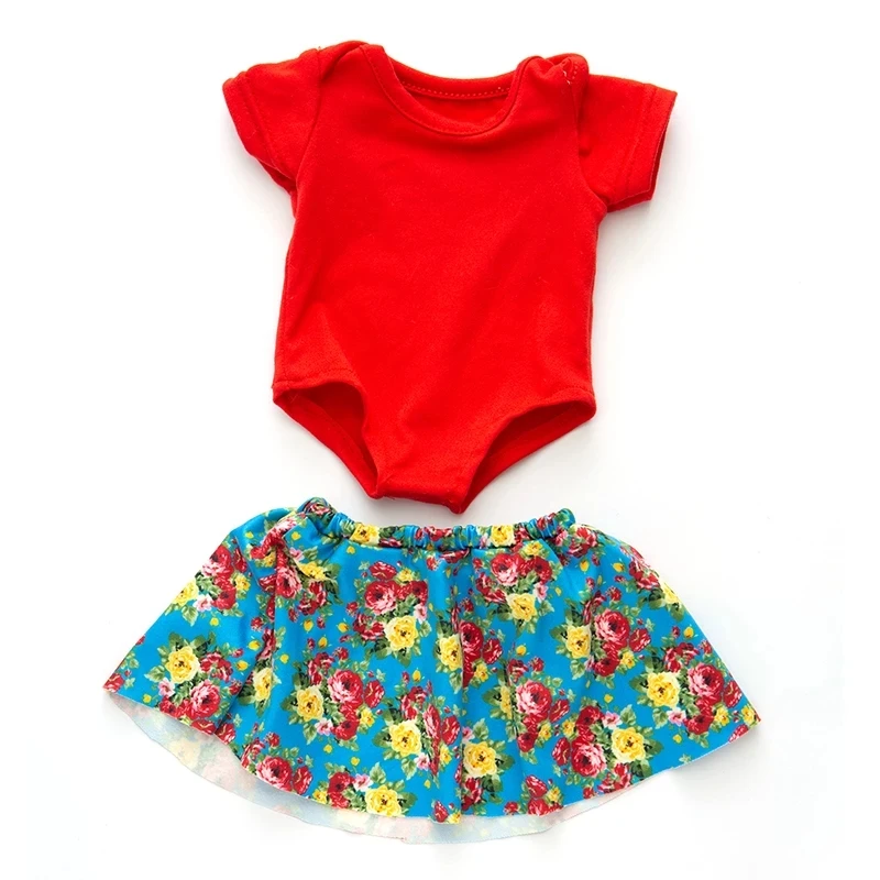 Красный цельный костюм с цветочной юбкой подходит для кукол новорожденных 18