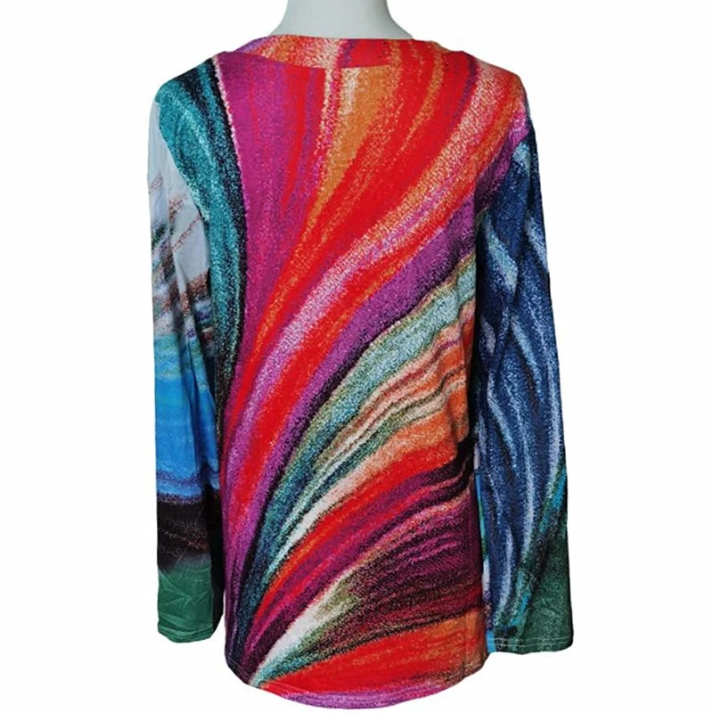 

2XL Large Size Tops 2021 Spring Women Rainbow Gradient Paisley Print T Shirt Long Sleeve O-Neck Loose Casual Tops Ladies Clothes