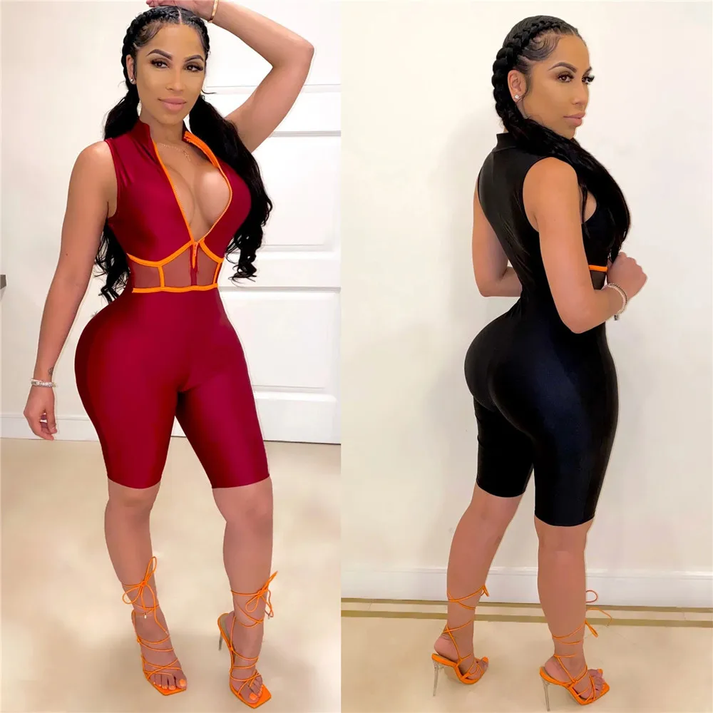 

Mesh Patchwork Casual Jumpsuits Womens Romper Zipper V Neck Biker Shorts Playsuit Summer Romper Female Elastic Skinny Bodysuits