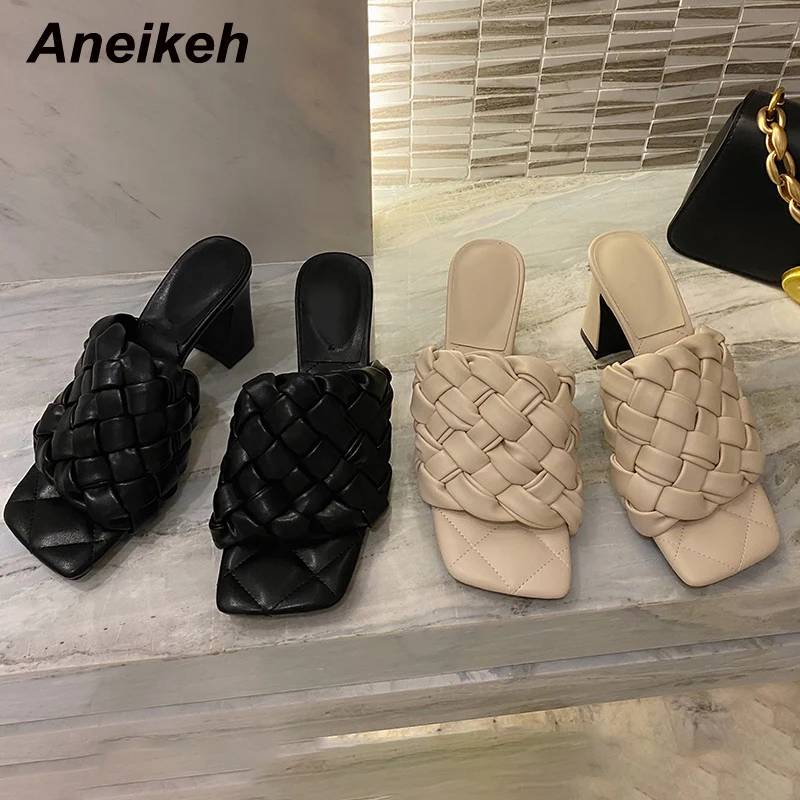 

Женские шлепанцы с квадратным носком Aneikeh, летние туфли из искусственной кожи на тонком каблуке, с открытым носком, в этническом стиле, для в...