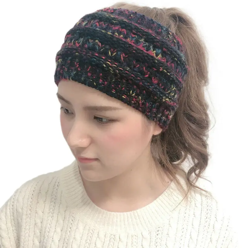 

Women Warm Winter Stretch Knit Lady Crochet Headband Knit Wool Twist Hairband Ski Cap Messy Bun Ponytail Beanie Hat