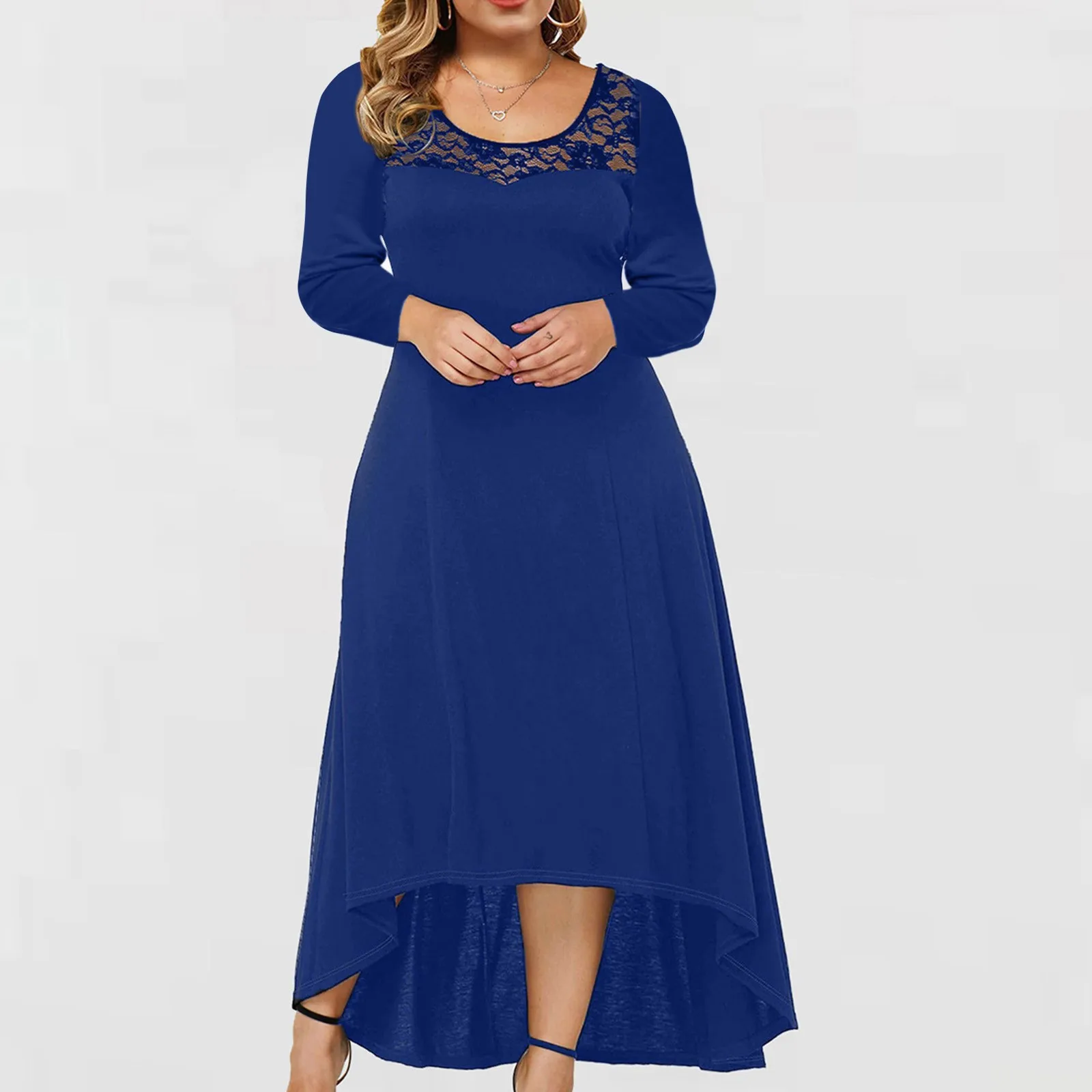 2021 High Waist Lace Dress Women Plus Size Solid Round Neck Long Sleeve Irregular Stitching Bodycon Formal | Женская одежда
