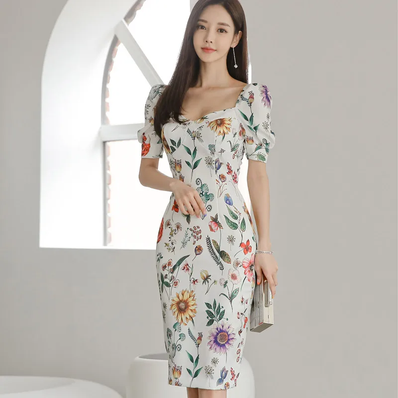 

Women Summer Floral Dress Elegant Short Sleeve Print Elegant Office Lady Dresses Vestidos
