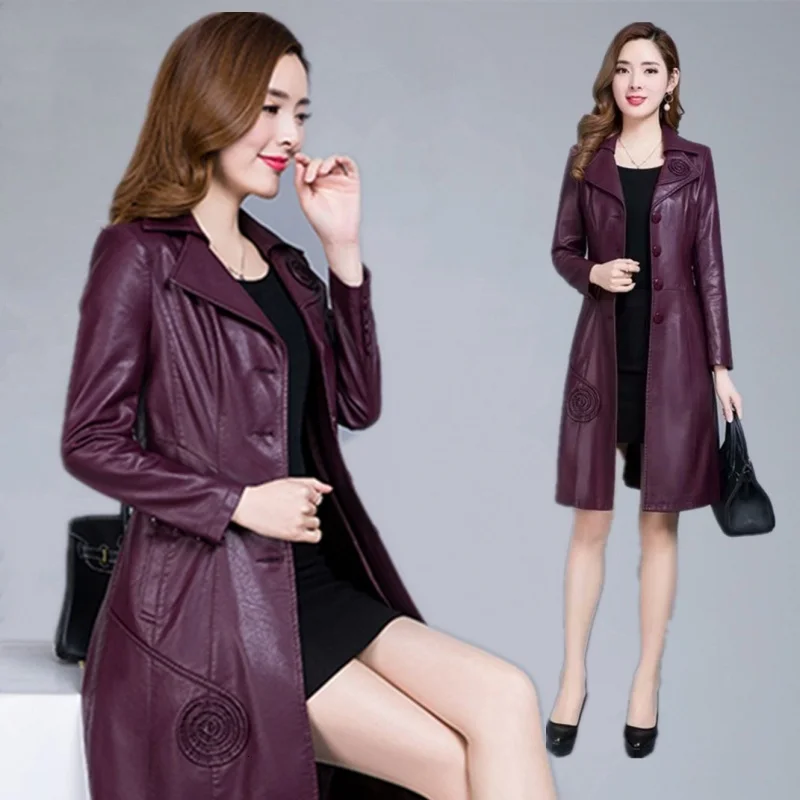 7XL размера плюс Осенний длинный плащ из искусственной кожи пальто для женщин