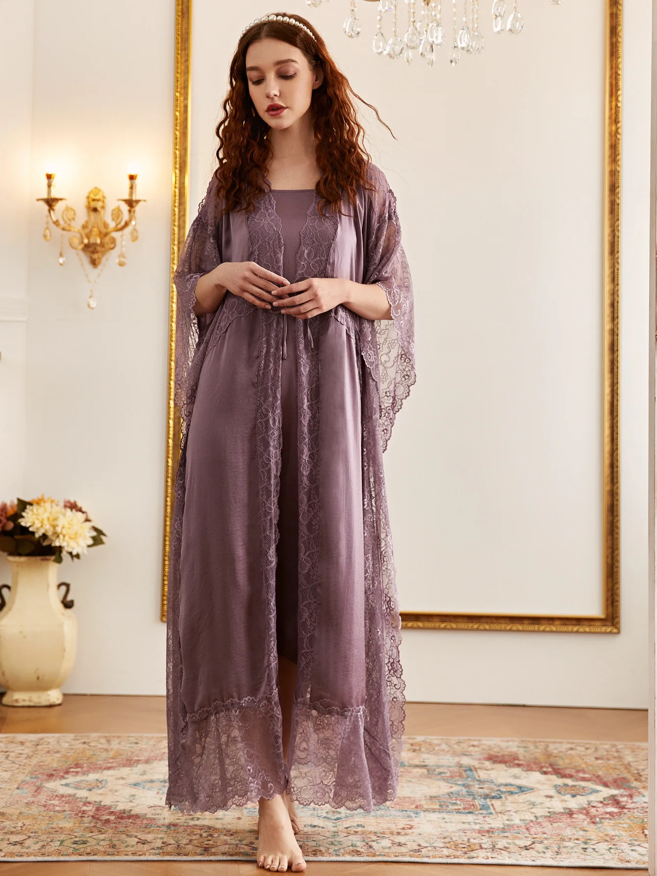 

Middle East Court Ladies Lace Loose Plus Size Nightgown 2-piece Home Clothes Nightgowns Sleepshirts Robe Gown Sets