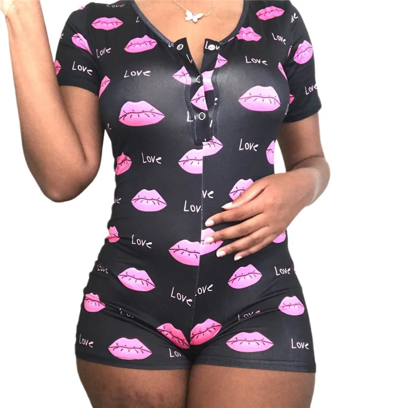 

Female Nightwear Cartoon Panda Print V-Neck Short Sleeve Jumpsuit Bodycon Bodysuit Pajamas Women Home Casual Sleepwear