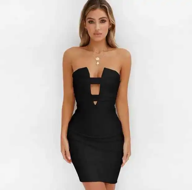 

High Quality Black Red Strapless Keyhole Rayon Bandage Dress Club Party Sexy Dress Vestidos