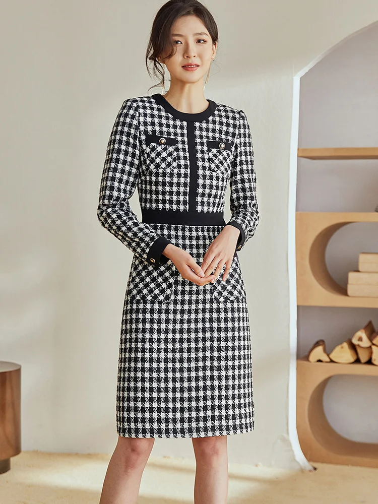 

temperament thousand bird grid stitched dress women's 2021 autumn new tweed slim fit Hip Wrap Skirt