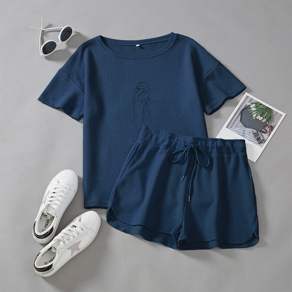

Hand Line Printed Pajama Set Summer Pyjama Femme Cotton Short Sleeved Women Sleepwear Cute Pijamas Women Casual Home Wear Suit
