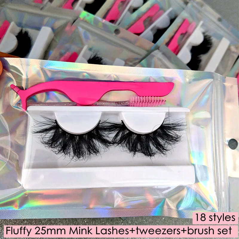 Mikiwi 10/20//50/100 Wholesale 25mm Fluffy Mink Lashes Suit Brushes Tweezers In Bulk Eyelashes Set Multi Pack Mink Lashes Kit