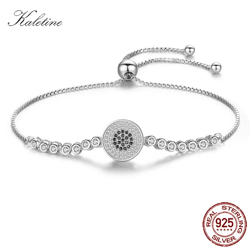 KALETINE 925 пробы серебряные теннисные браслеты для женщин бусины Lucky Black CZ Big Evil Eyes браслет Шарм для мужчин розовое золото ювелирные изделия - Окраска металла: White Gold