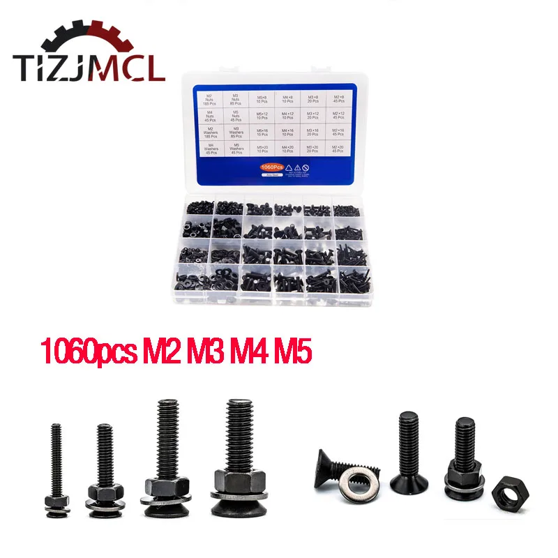 

1060pcs M2 M3 M4 M5 Hex Socket Screw Set Carbon Steel Flat Round Cap Head Screws Bolts And With Storage Box Nuts Assortment Kit