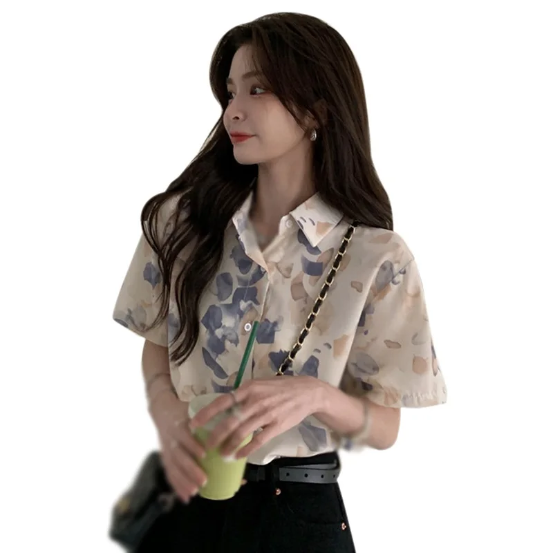 

Блузка женская с коротким рукавом, топ с цветочным принтом в Корейском стиле, праздничное платье, большие размеры, на лето