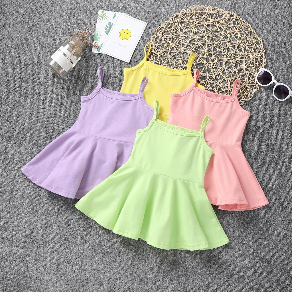 

0-4Y Summer Kids Girls Princess Mini Dress Solid Strapless Sleeveless A-Line Sundress 4 Colors