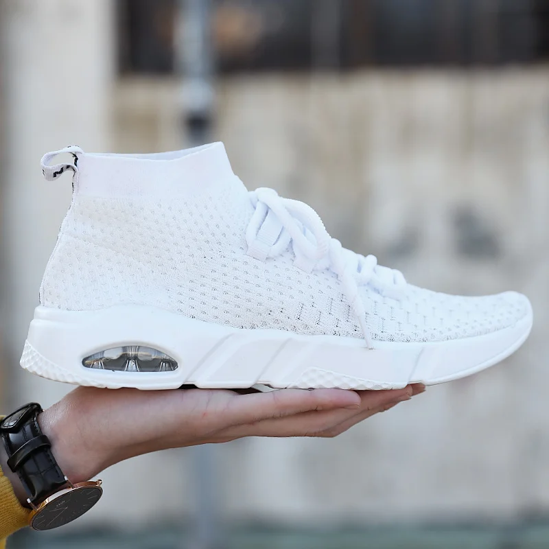 

Plus Size High Top Air Cushion Sport Shoes Men Brands Running Shoes Men Socks Sneakers White Sports Shoes Knitting Basket X074