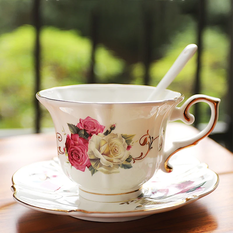 

British Style Ceramics Coffee Cup Saucer Set Vintage Rose Print Afternoon Teacup Luxury Porcelain Cups Saucers Home Office