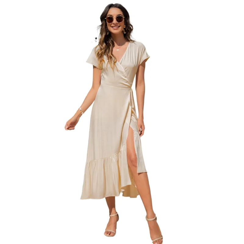 

Summer Dress Fashion New Product V-neck Tie Irregular Simple Slim Dress Slit Skirt for Women Party Dress A79