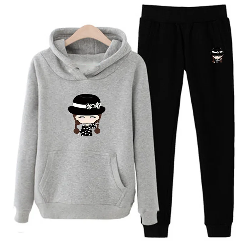 Комплект из 2 предметов, женская одежда, Chandal Mujer 2 Piezas, для бега, Femme, мультяшный принт, толстовка, штаны, спортивные костюмы, женский спортивный костюм - Цвет: Style 2 Grey