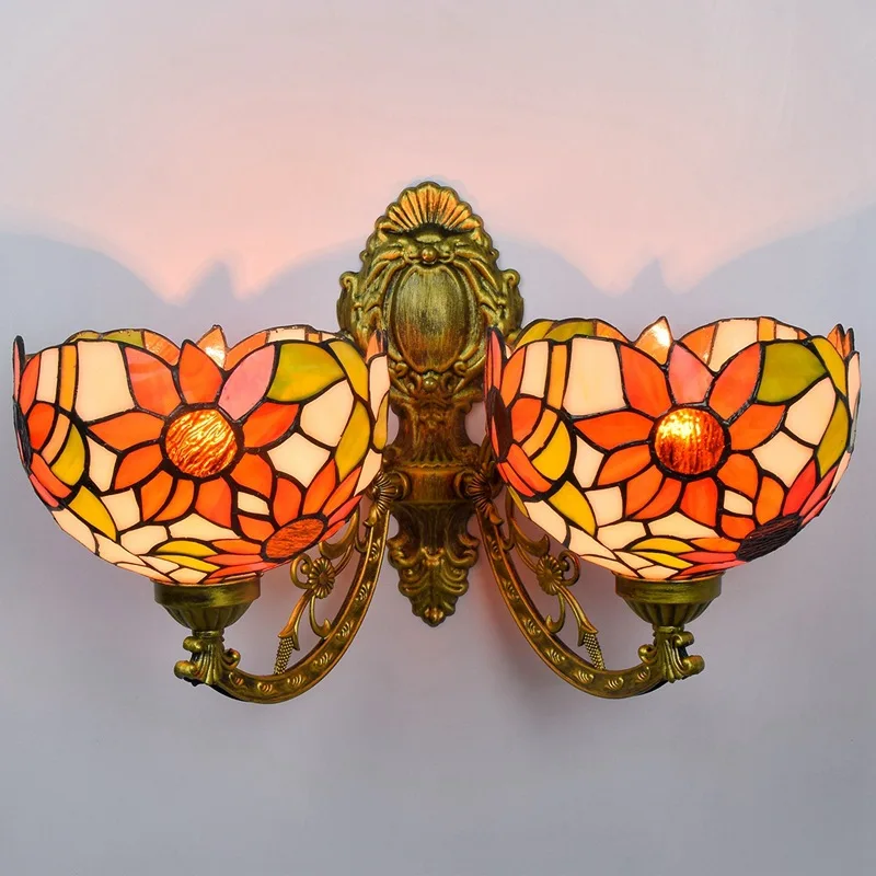 

European-Style Retro Creative Corridor Double-Headed Wall Lamp American-Style Taiyanghua Colored Glass Living Room Dining Room
