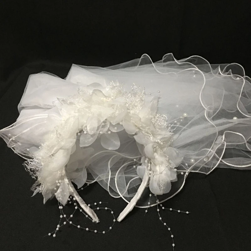 

Bride Multi Layer Wedding Veil Headband White Flower Pearl Beading Hair Hoop