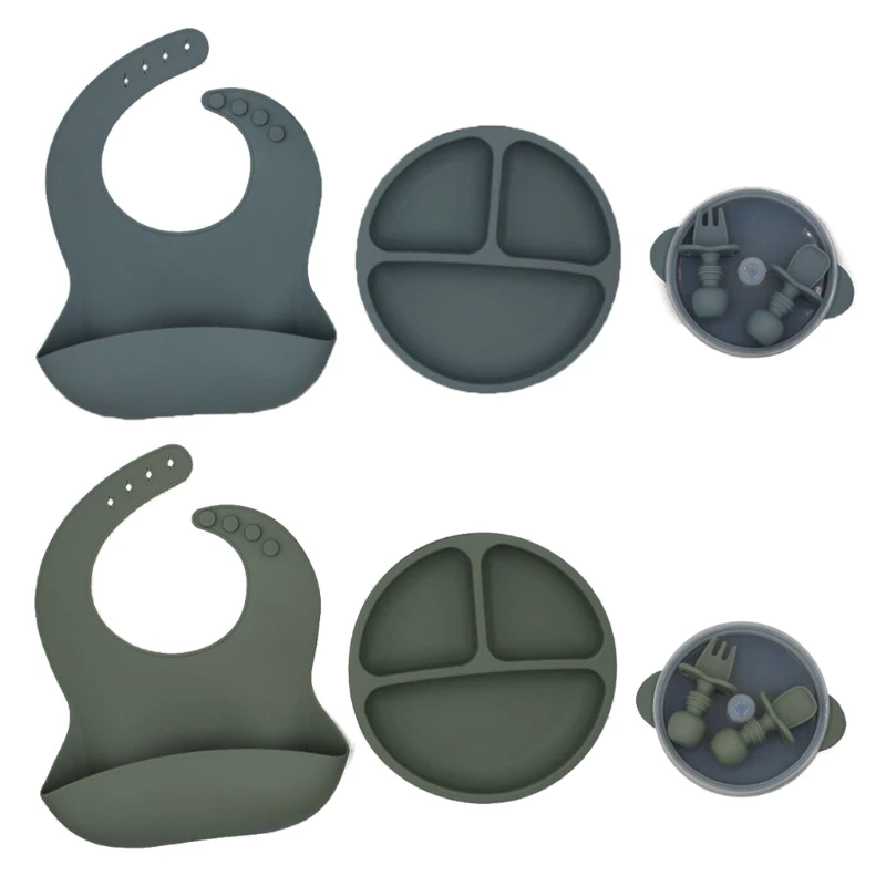 

5pcs/set Baby Silicone Bib Fork Spoon Dishes Plate Bowl Newborn Feeding Supplies QX2D