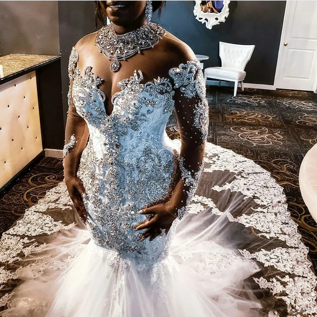 

South African Wedding Dresses Mermaid Long Sleeves Appliques Lace Beaded Plus Size Nigeria Vestido De Noiva Bridal Wedding Gown