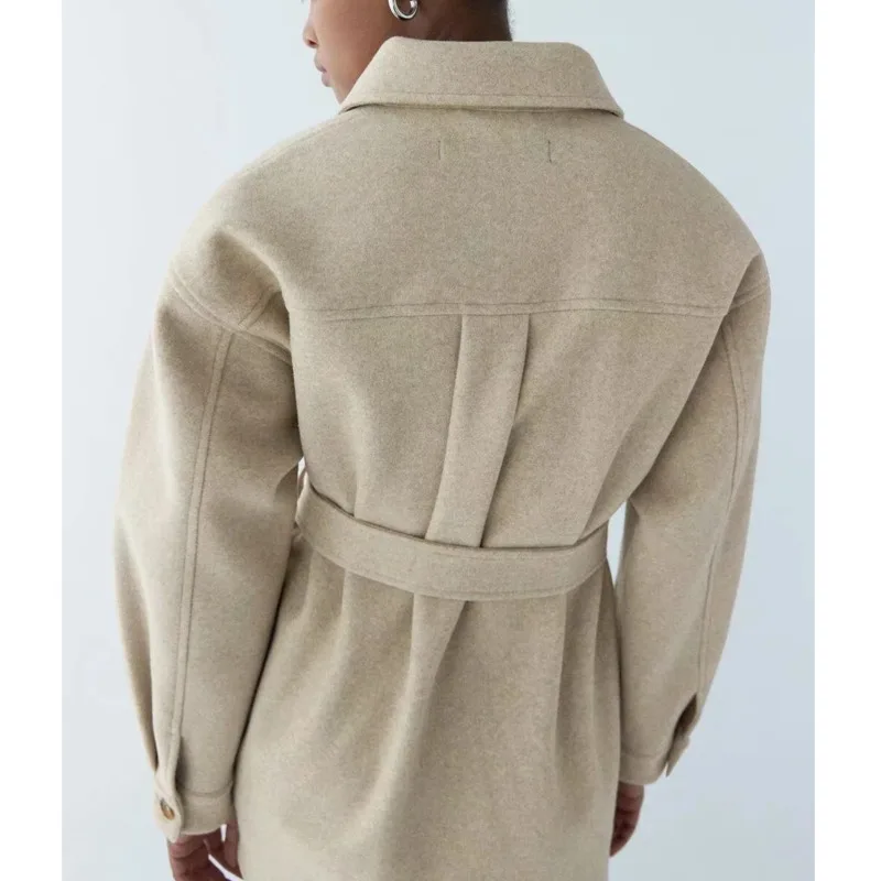 

2021 WInter New Woollen Wrap Coat Women High Waist Tunic Bandage Jacket Pockets Casual Warm Shirt Coat
