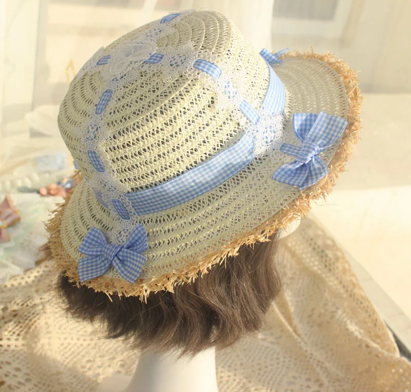 

Small Fresh Lolita Travel Photos Beach Hat Handmade Japanese Sweet Gorgeous Flowers Plaid Bow Lace Flat-top Cap Straw Hat