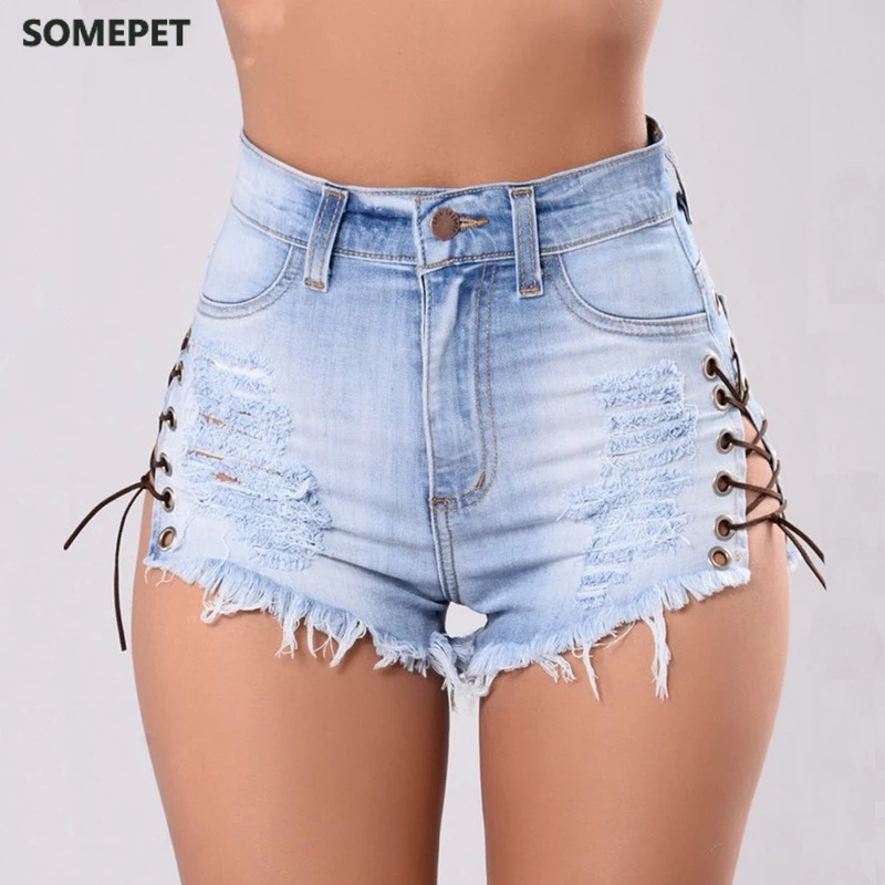 

Винтажные синие джинсовые шорты с рваными дырками и бахромой, женские повседневные джинсовые шорты на шнуровке с карманами, летние популяр...