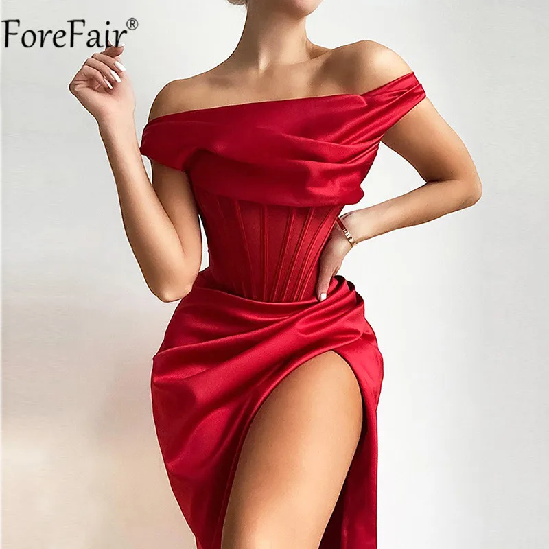 

Forefair Midi One Shoulder Sexy Split Dress Women Party Corset Dresses Stain Club Black Elegant Wrap Bodycon Ladies Summer