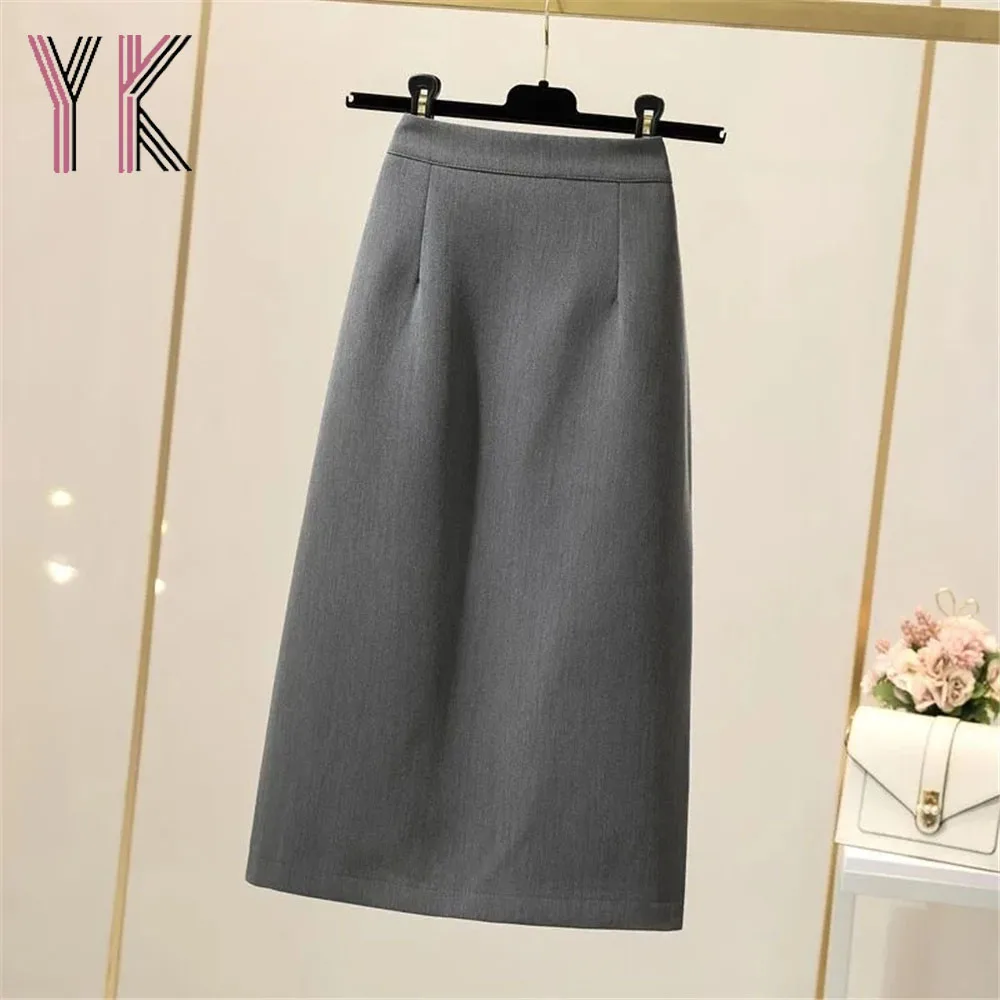 

Solid Color Back Slit Zipper High Waist Suit Midi Skirt Office Lady Straight Sukienka Korean Fashion Simple Wild Streetwear Saia