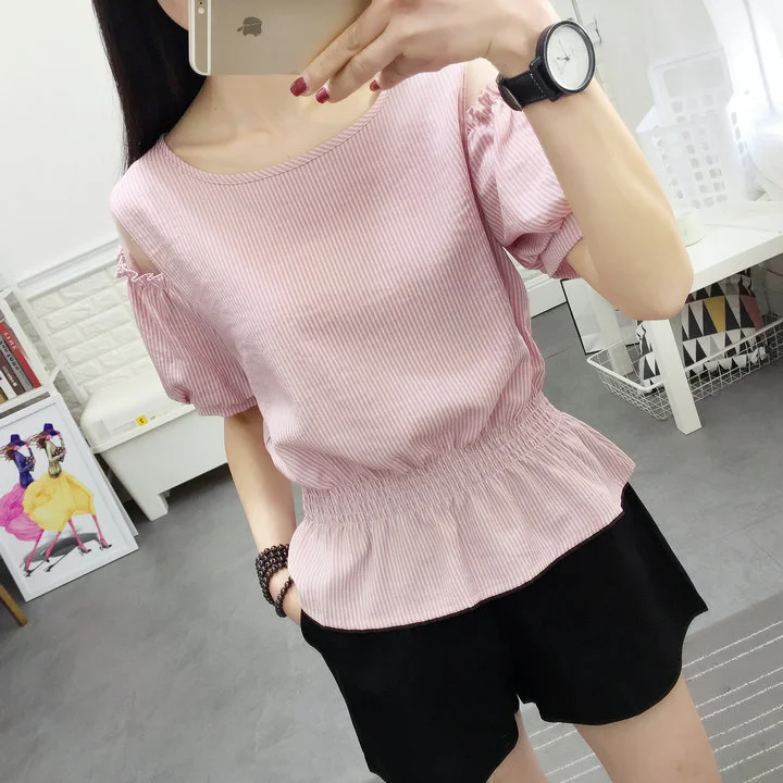 

Short sleeve T-shirt women's summer 2021 new Korean sweet off shoulder top waist round neck Ruffle versatile T-shirt