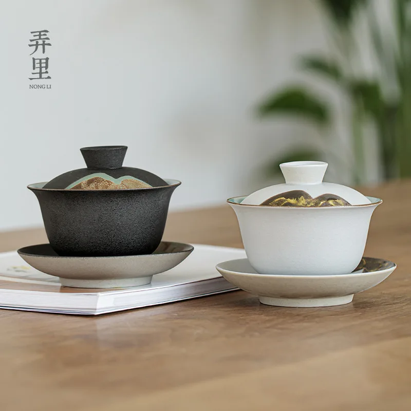 

Kung Fu Tea Brewing Bowl Black Gaiwan Hand Painted Landscape Ink Zen Style Chinese Style Tea Ceremony Bowl Three-Piece Tea Bowl