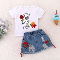 2020 hot sale childrens summer suit print rose flower t shirt denim skirt set two piece set
