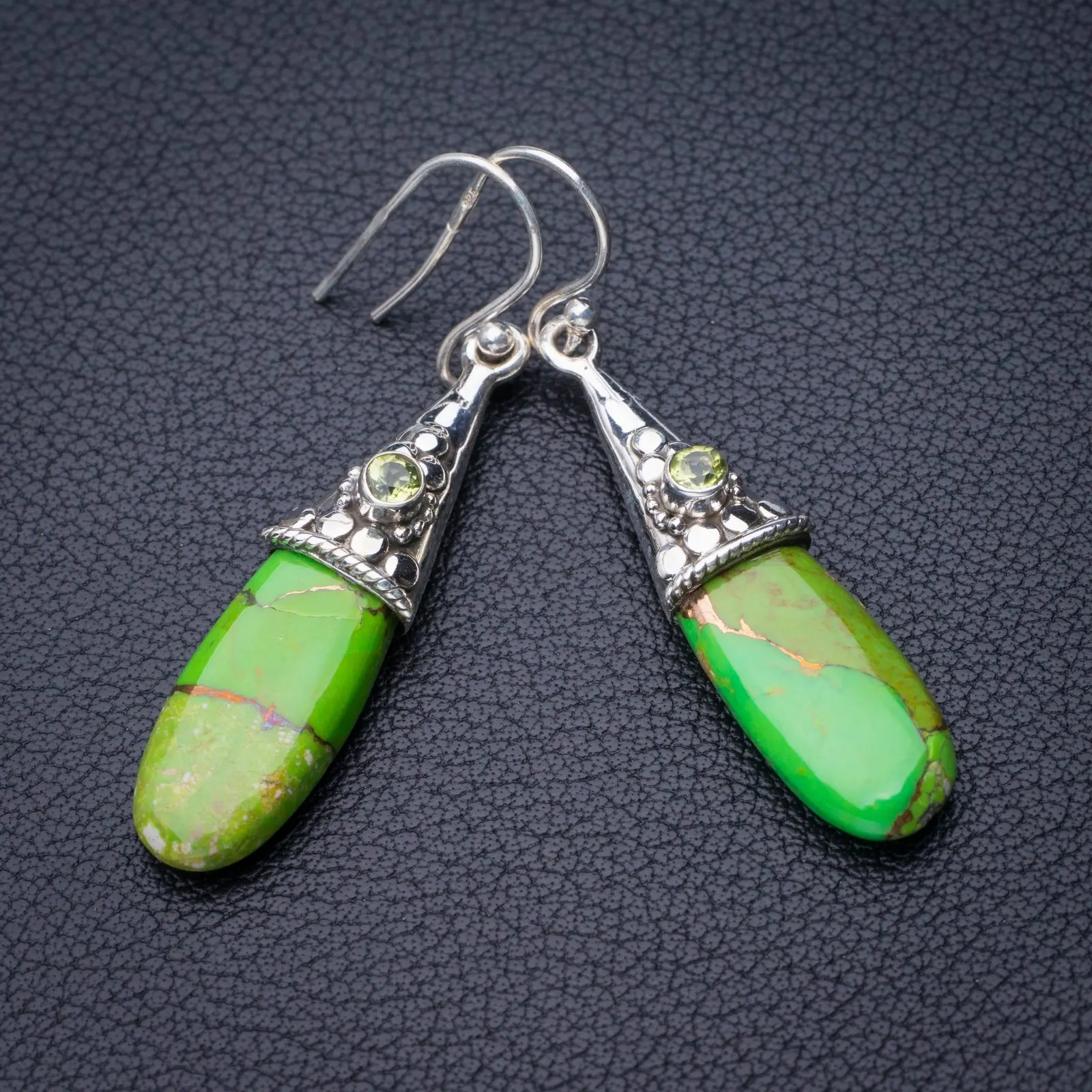 

StarGems Natural Copper Turquoise And Peridot Handmade 925 Sterling Silver Earrings 1.75" D7887